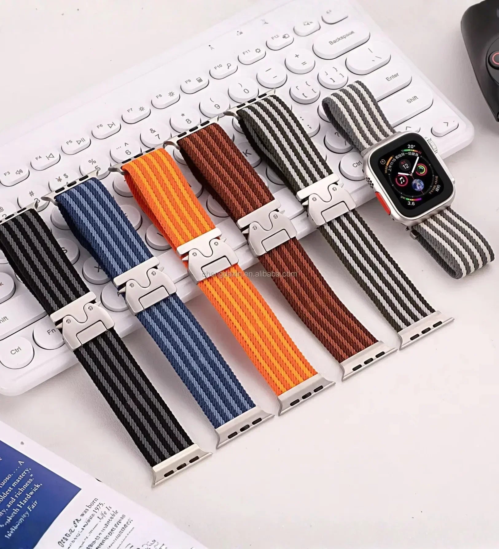 Parachute-Buckle Striped Nylon Apple Watch Band – Brown